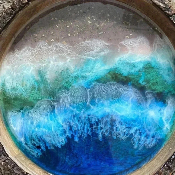 Decorative Wood Round Homemade Beach Resin Serving Plate - Picture 5 of 7